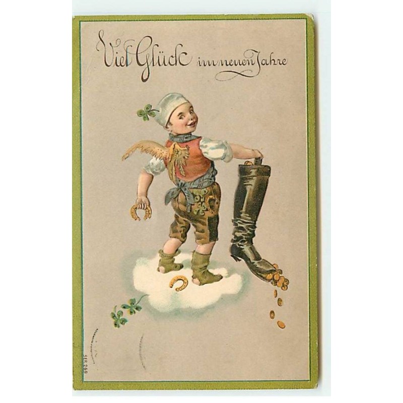 n°21585 - Carte Gaufrée - Viel Glück im neuen Jahre - Ange portant une botte remplie de pièces, et des fers à cheval