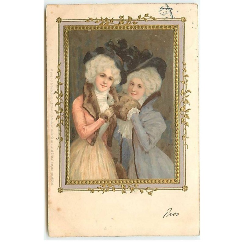 n°21596 - Carte Gaufrée - MSM - Meissner - Deux jeunes femmes style victorien en portrait dans un cadre