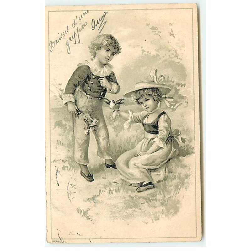 n°21599 - Carte Gaufrée - Clapsaddle - Couple dans un champ, la fillette avec des oiseaux sur la main