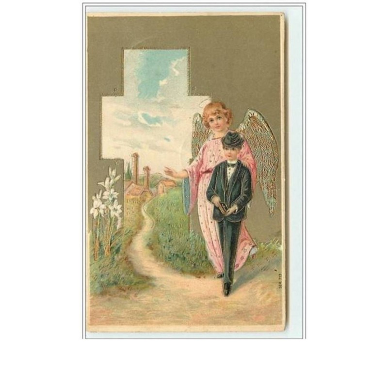 n°2160 - Carte  Gaufrée - Ange Gardien et jeune homme en costume