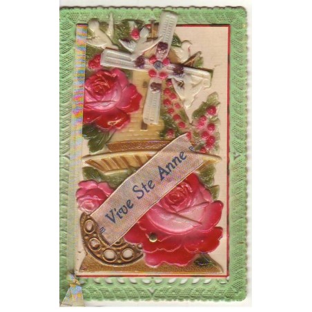 n°21601 - Carte avec Celluloïd - Vive Sainte-Anne - Moulin à vent, roses