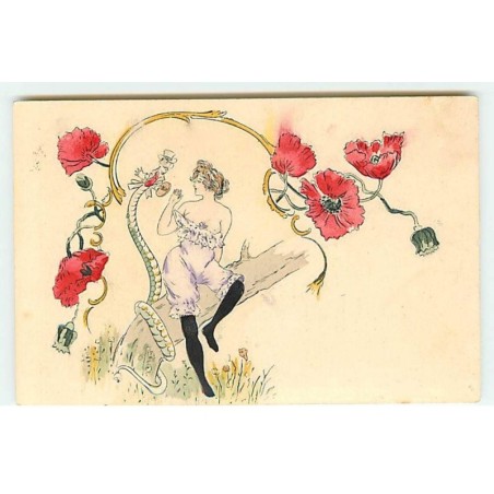 n°21612 - Surréalisme - Jeune femme en tenue légère près d'un homme avec un corps de serpent, sous des coquelicots