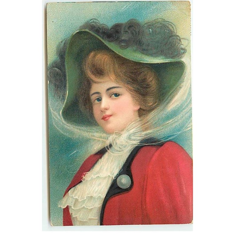 n°21615 - Fantaisie - Jeune femme avec Chapeau portant une veste rouge