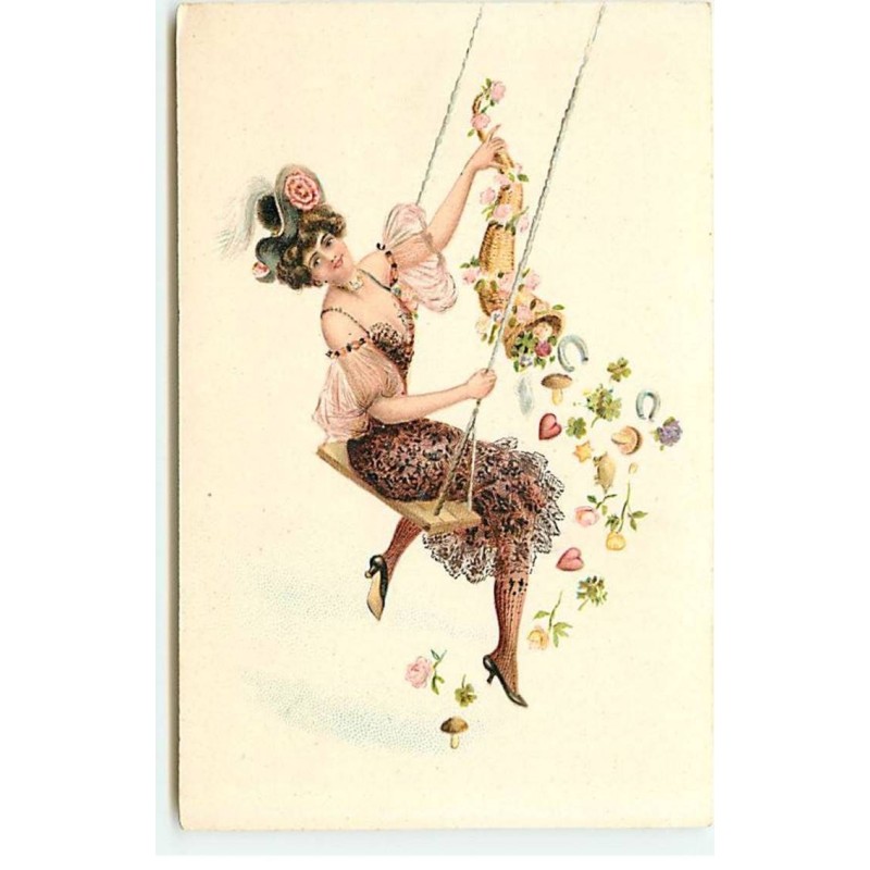 n°21619 - Fantaisie - Jeune femme sur une balançoire, tenant une corne d'abondance