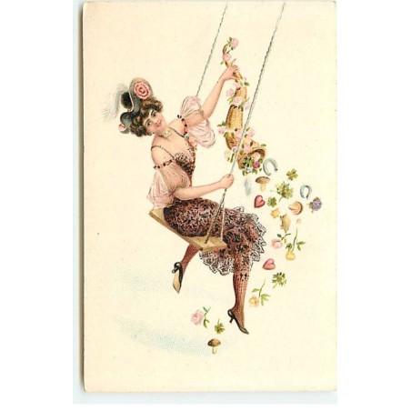 n°21619 - Fantaisie - Jeune femme sur une balançoire, tenant une corne d'abondance