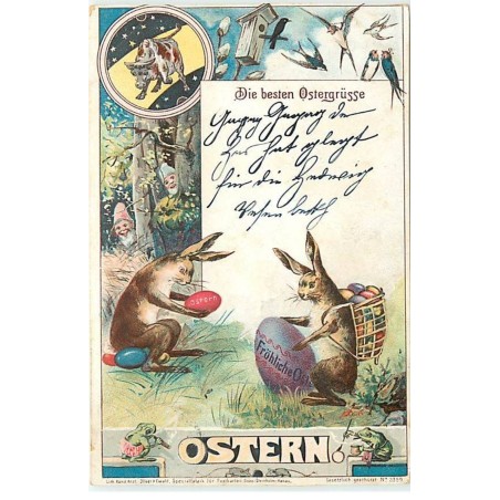 n°21630 - Die besten Ostergrüsse Ostern - Lièvres déposant des oeufs, Hirondelles, Grenouilles, et vache