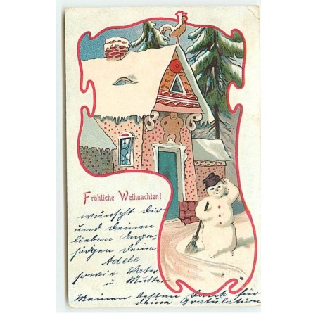 n°21633 - Fröhliche Weihnachten - Bonhomme de neige près d'une maison