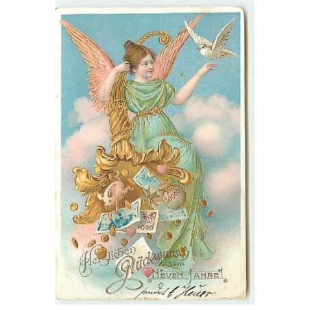 n°21639 - Carte Gaufrée -Ange gardien avec une colombe et une corne d'abondance - Billets de banque et pièces