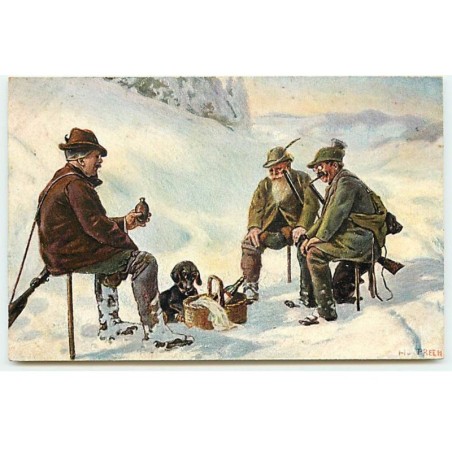 n°21647 - H. Preem - Chasseurs prenant un verre, un teckel lorgnant sur le panier de provision