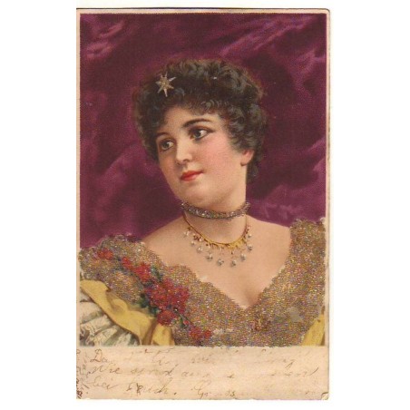 n°21651 - Carte avec petites perles - Femme brune avec un bijou dans les cheveux