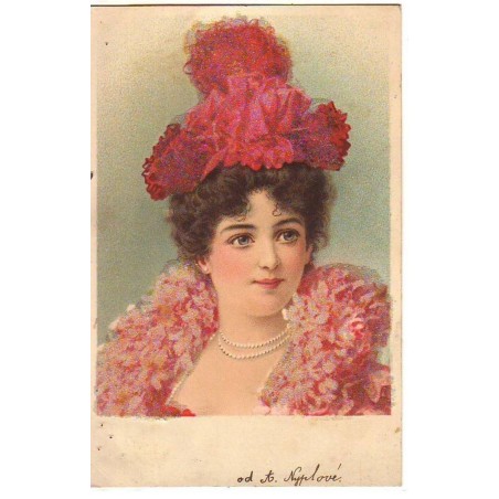 n°21652 - Carte avec petites perles - Femme portant un chapeau rouge et un collier de perles