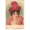 n°21652 - Carte avec petites perles - Femme portant un chapeau rouge et un collier de perles
