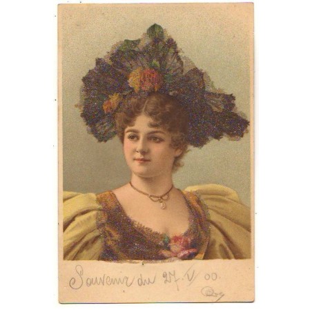 n°21653 - Carte avec petites perles - Femme portant un grand chapeau avec des roses