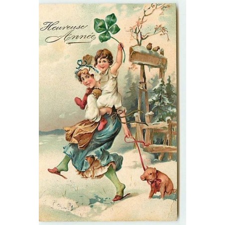 n°11334 - Carte Fantaisie Gaufrée - Heureuse Année - Femme, enfant et cochon
