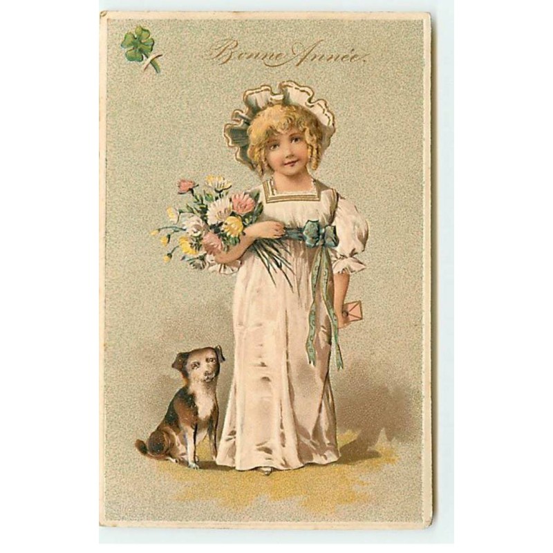 n°21678 - Carte Gaufrée - Bonne Année - Chien près d'une fillette tenant un bouquet de fleurs