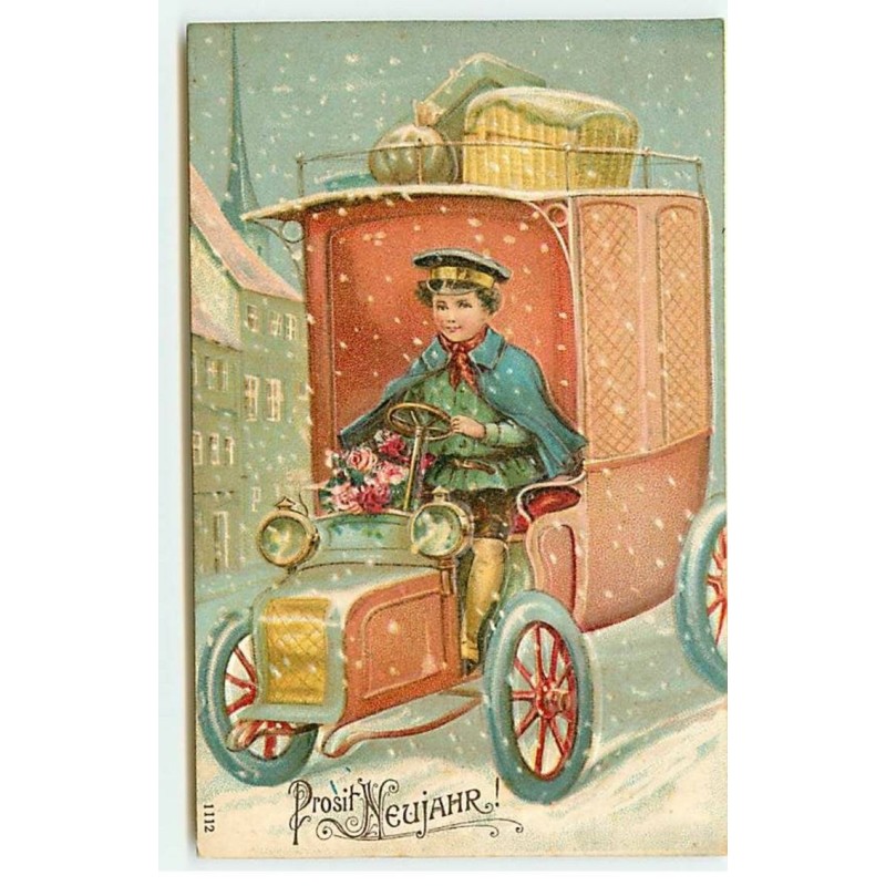 n°21681 - Carte Gaufrée - Prosit Neujahr ! - Jeune homme au volant d'une voiture, sous la neige