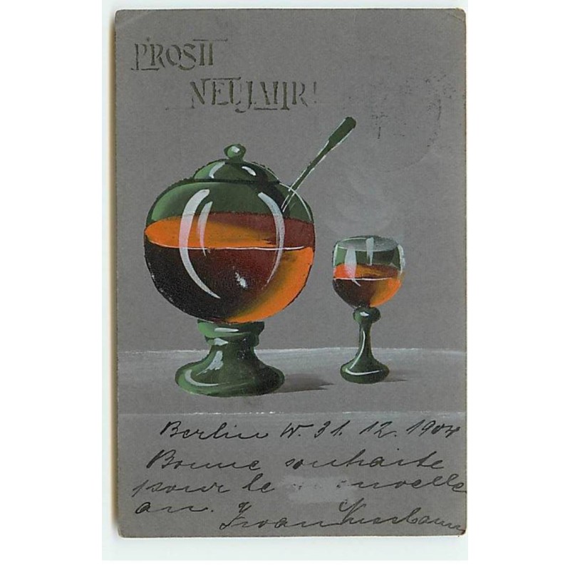 n°21683 - Prosit Neujahr ! - Une verre rempli, près d'une soucoupe remplie de vin chaud