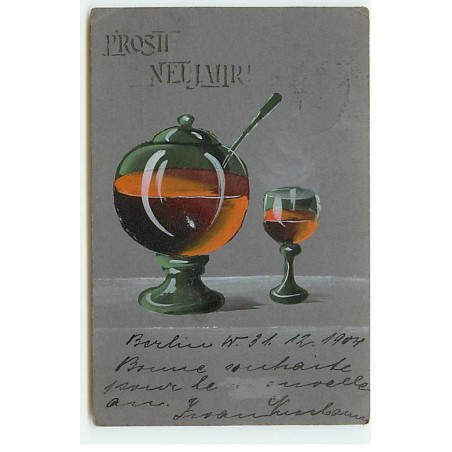 n°21683 - Prosit Neujahr ! - Une verre rempli, près d'une soucoupe remplie de vin chaud