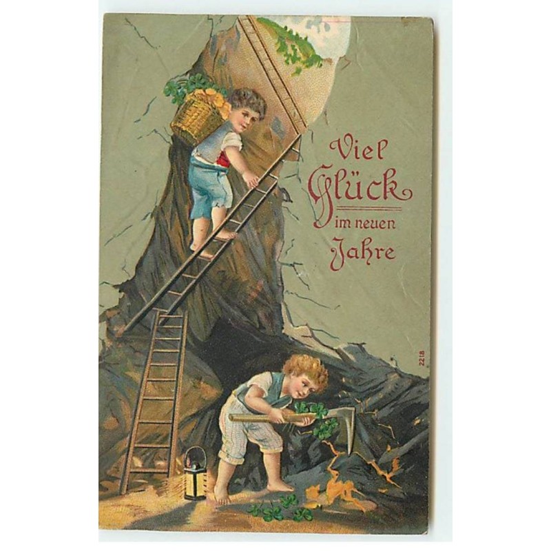 n°21685 - Carte Gaufrée - Viel Glück im neuen Jahre - Jeunes garçon piochant pour trouver de l'or