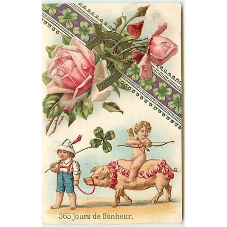 n°11335 - Carte Fantaisie Gaufrée - 365 jours de Bonheur - Enfants et cochon