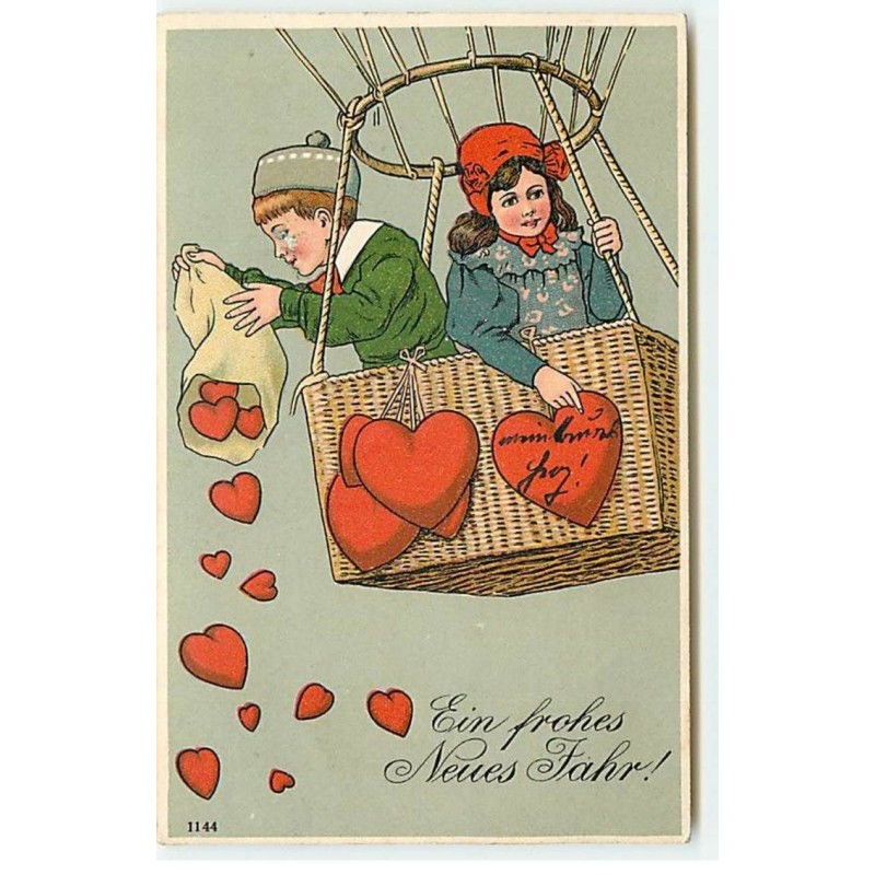 n°21692 - Ein frohes Neues Jahr ! - Deux enfants dans une nacelle d'un ballon, lançant des coeurs
