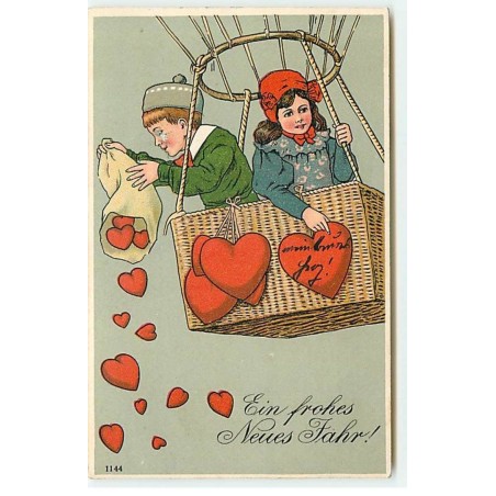 n°21692 - Ein frohes Neues Jahr ! - Deux enfants dans une nacelle d'un ballon, lançant des coeurs