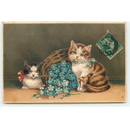 n°21700 - Carte Gaufrée - Deux chats autour d'un panier rempli de myosotis