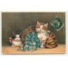n°21700 - Carte Gaufrée - Deux chats autour d'un panier rempli de myosotis