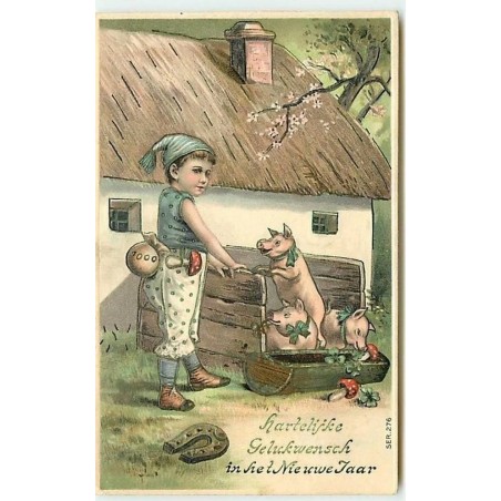 n°11336 - Carte Fantaisie Gaufrée - Bonne Année - Enfants et Cochons