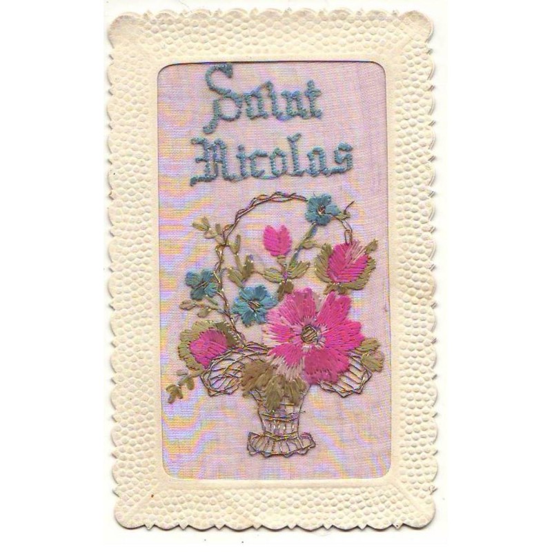n°21703 - Carte Brodée - Saint-Nicolas - Fleurs dans un panier