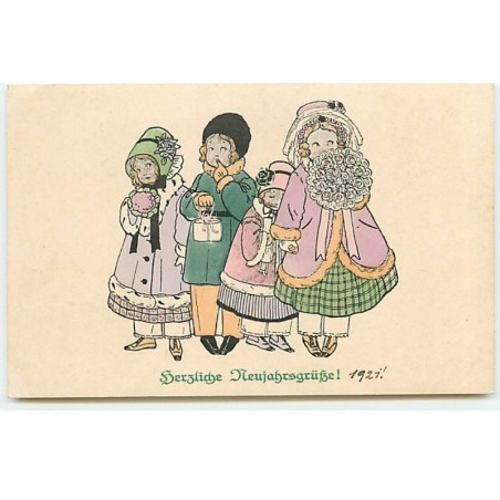 n°21707 - Pauli Ebner - MM Vienne n°1081 - Herzliche Neujahrsgrüsse - Fillettes apportant des fleurs et des paquets