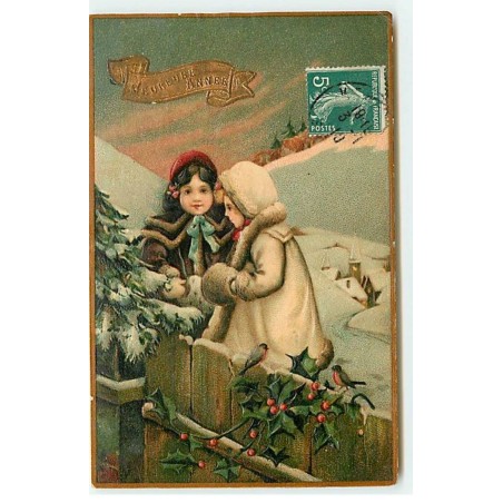 n°21724 - Carte Gaufrée - Heureuse Année - Deux fillettes près d'une balustrade