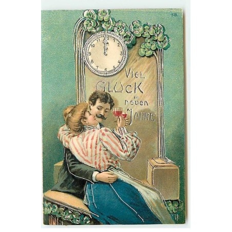 n°21725 - Carte Gaufrée - Viel Glück im Neuen Jahre - Couple trinquant sous une pendule