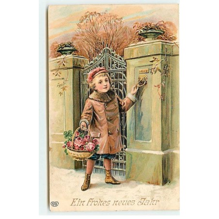 n°21727 - Carte Gaufrée - Ein Frohes neues Jahr - Enfant portant un panier rempli de roses sonnant à une maison