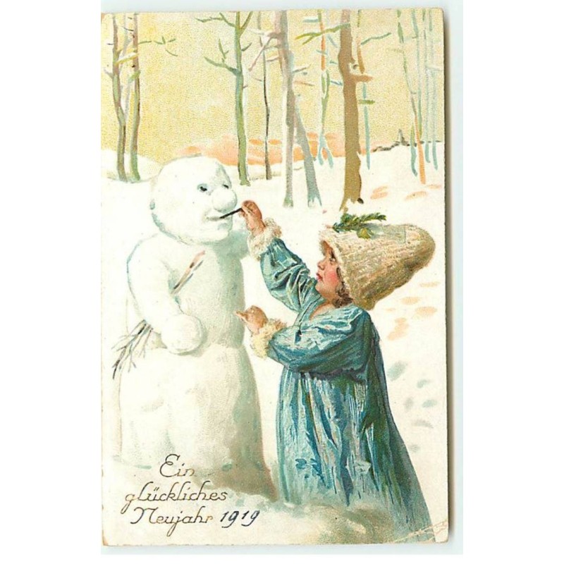 n°21732 - Ein Glückliches Neujahr - Fillette près d'un bonhomme de neige