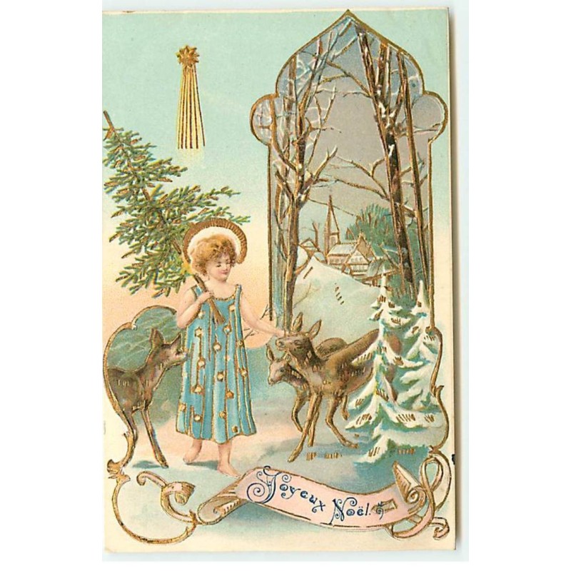 n°21733 - Carte Gaufrée - Joyeux Noël - Fillette entourée de faons
