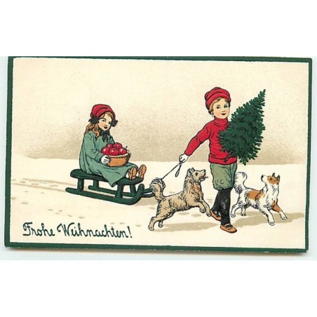 n°11339 - Carte Fantaisie Gaufrée - Fröhliche Weihnachten - Enfants, chiens et Luge