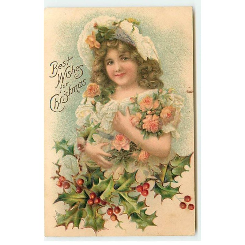 n°21734 - Carte Gaufrée - Best Wishes for Chirstmas - Fillette tenant des roses et du houx
