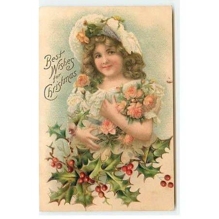 n°21734 - Carte Gaufrée - Best Wishes for Chirstmas - Fillette tenant des roses et du houx