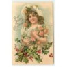 n°21734 - Carte Gaufrée - Best Wishes for Chirstmas - Fillette tenant des roses et du houx