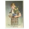 n°21736 - Herzlichen Glückwunsch zum geburtstag - Jeune femme portant un rosier et des chatons - chat