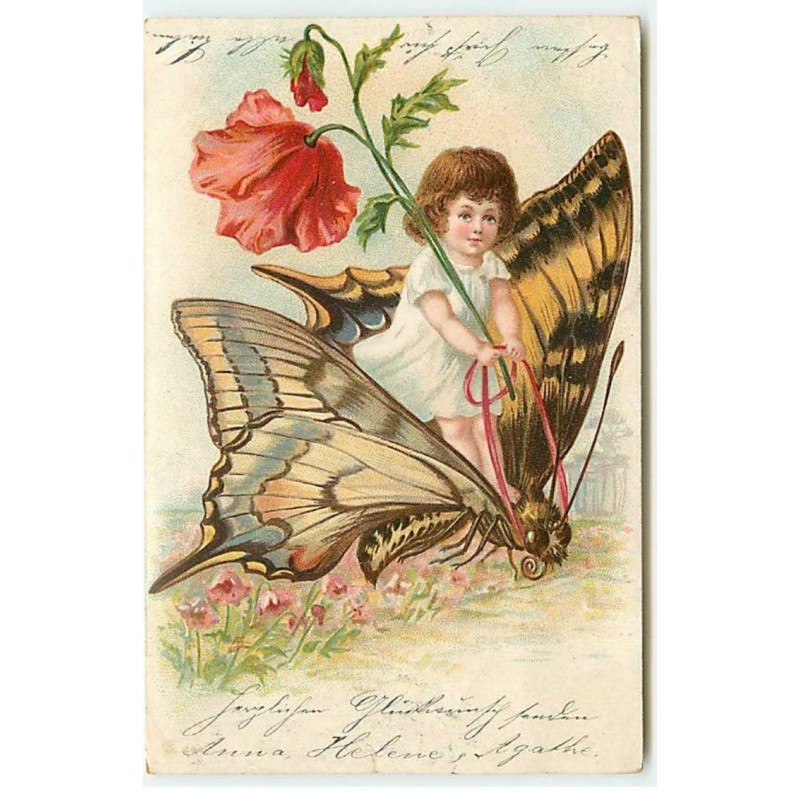 n°21737 - Fillette tenant un coquelicot sur le dos d'un papillon