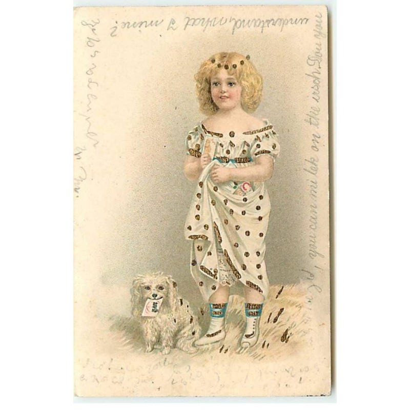 n°21739 - Carte Gaufrée avec Paillettes - Petit chien avec une lettre près d'une fillette