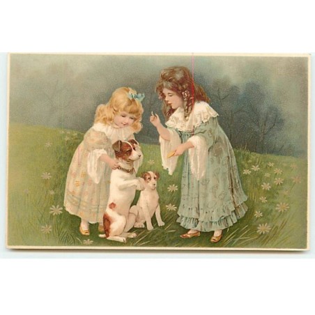 n°21748 - Meissner - Fillettes parlant à deux chiens dans un pré