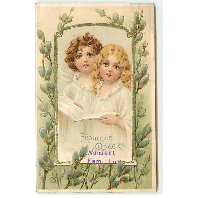 n°21767 - Carte Gaufrée - Fröhliche Ostern - Anges chantant en tenant une partition