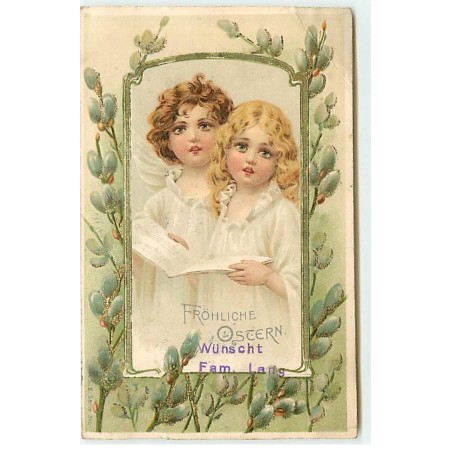 n°21767 - Carte Gaufrée - Fröhliche Ostern - Anges chantant en tenant une partition