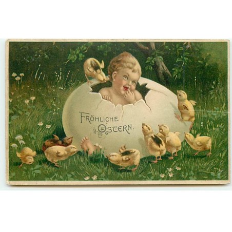 n°21768 - Carte Gaufrée - Fröhliche Ostern - Poussins autour d'un bébé assis dans un oeuf