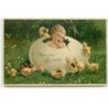 n°21768 - Carte Gaufrée - Fröhliche Ostern - Poussins autour d'un bébé assis dans un oeuf