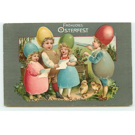 n°21769 - Carte Gaufrée - Fröhliches Osterfest - Enfants habillés avec des oeufs chantant