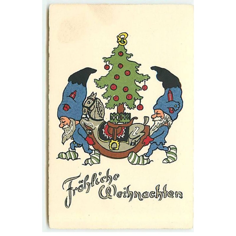 n°21773 - Fröhliche Weihnachten - Lutins portant un sapin et un cheval à bascule